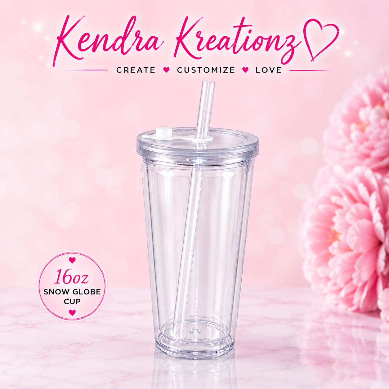 16oz  Acrylic Clear Snow Globe Cup w/ Clear Leakproof Lid